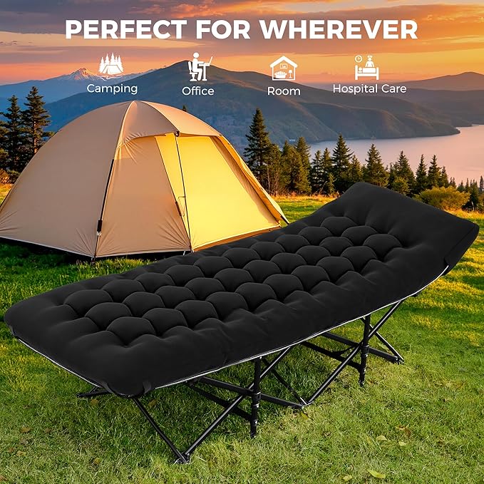 JEAREY 2-Piece Camping Cot for Sleeping 28" Extra Wide, Heavy-Duty 1200D Oxford Foliding Cots for Adults Portable with Mattress, Carry Bag for Guest, Travel, Hiking, Black