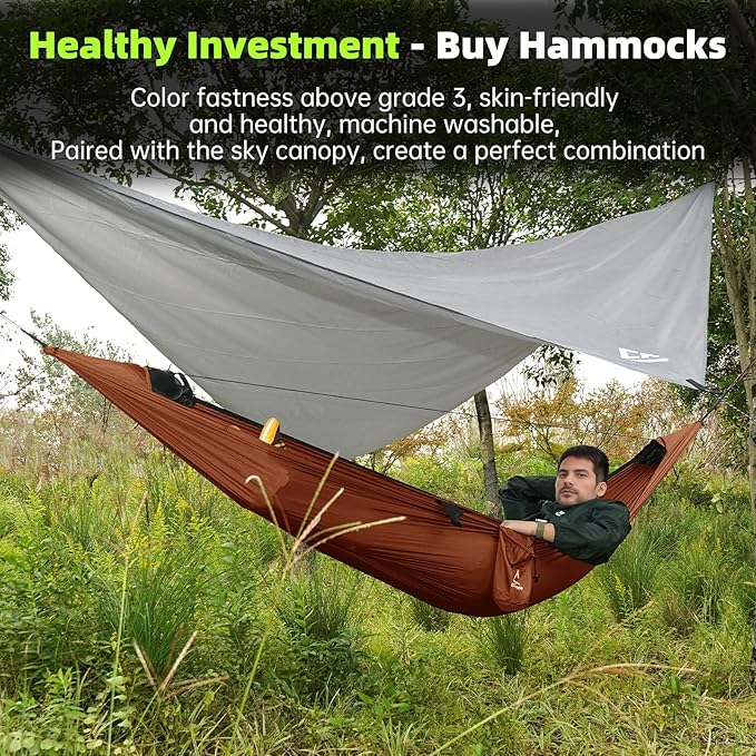 Camping Hammock with Mosquito Net, 2 Person Hammock Bug Net, Portable, Parachute Nylon for Outdoor, Camping, Hiking, Backpacking, Backyard, Beach, Travel (Hold Up to 500lbs) (Orange)