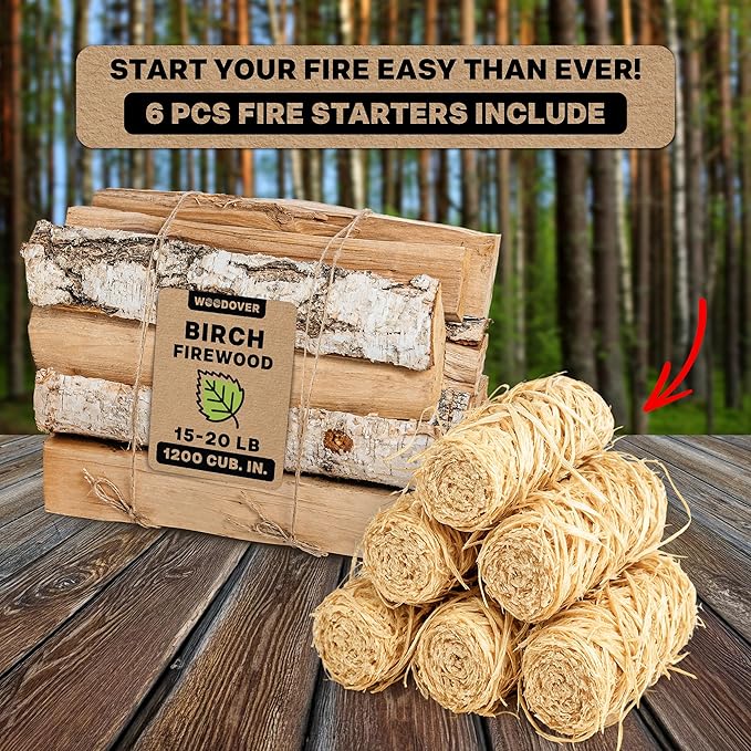 15" Birch Firewood Logs with Fire Starters Set – 1200 cub. in, 15–20 lb | Kiln-Dried & Seasoned Hardwood for Fire Pit, Fireplace | Bright Flames & Pleasant Aroma for Cozy Atmosphere