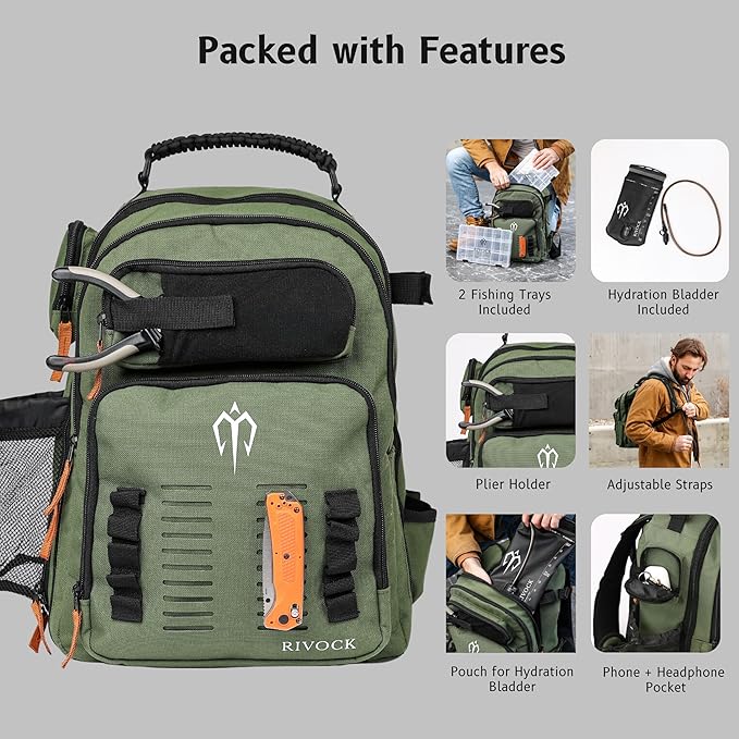Fishing Tackle Backpack with Rod Holder 2 Tackle Boxes, Hydration Bladder - Insulated Cooler Pocket, 35L Camping Hiking Storage Bag, Fishing Gear and Equipment