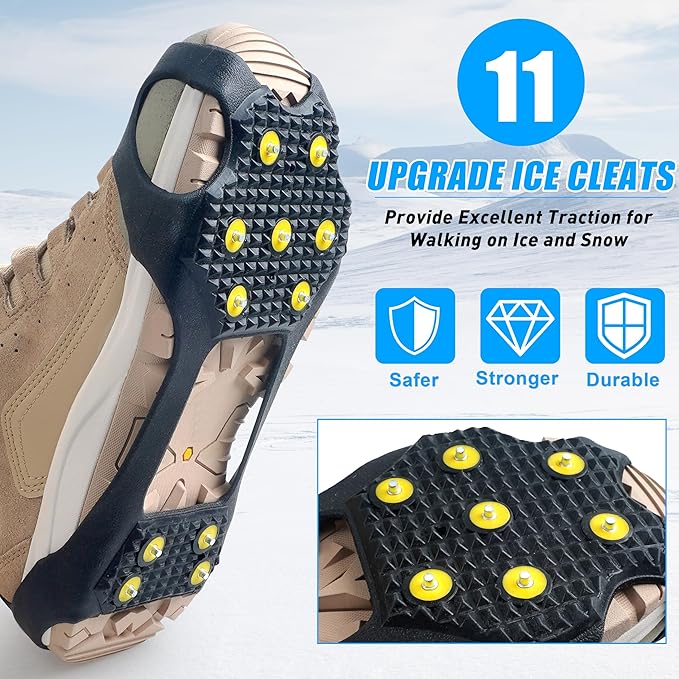Ice Cleats for Shoes and Boots Traction Cleats for Snow Anti Slip Crampons 11 Studs Rubber Overshoe for Walking on Ice and Snow
