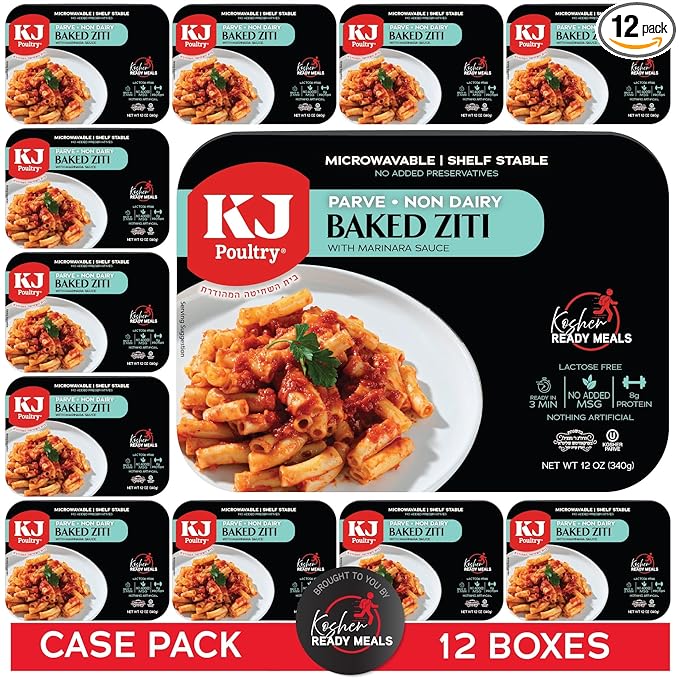 KJ Poultry Kosher Parve Ready Meals - Baked Ziti, MRE Meals Ready to Eat, Halal, (12 Pack) Prepared Entree Fully Cooked, Shelf Stable Microwave Dinner Travel, Military, Camping, Emergency Survival
