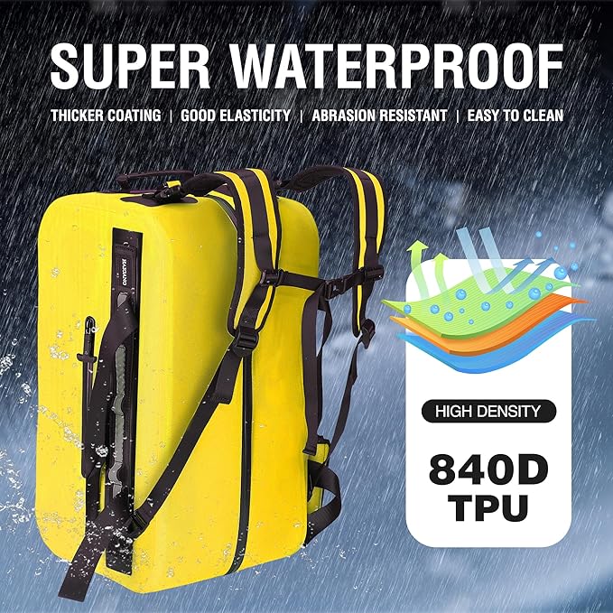 50L Waterproof Dry Duffle Bag Dry Backpack 840D TPU Heavy Duty Dry Bag,Rubber Airtight Zipper, for Kayaking,Boating,Motorcycling,Camping,Rafting,Surfing, Swimming,Fishing,Yellow