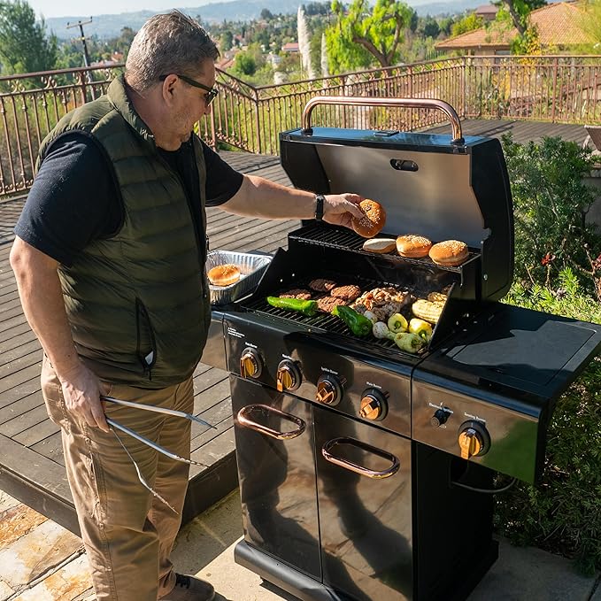 Kenmore 4-Burner BBQ Gas Grill with Searing Side Burner, Propane Grill, 52,000 BTUs, Warming Rack, Electronic Ignition & Cast Iron Cooking Grates, Black/Copper + Bonus Cover