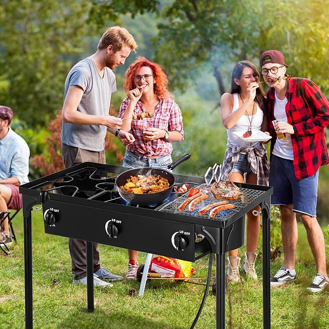Outdoor Camping Stove, 225000 BTU, High Pressure 3 Burner, Propane Gas Cooker with Detachable Legs, 30 PSI Regulator