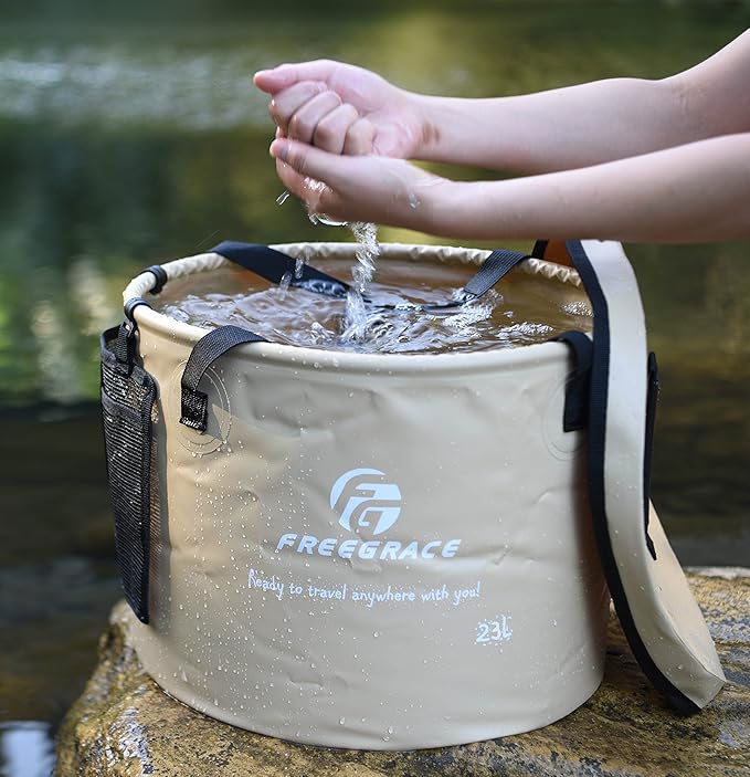Premium Collapsible Bucket by Freegrace - Compact Portable Folding Water Container - Lightweight & Durable - Includes Handy Tool Mesh Pocket