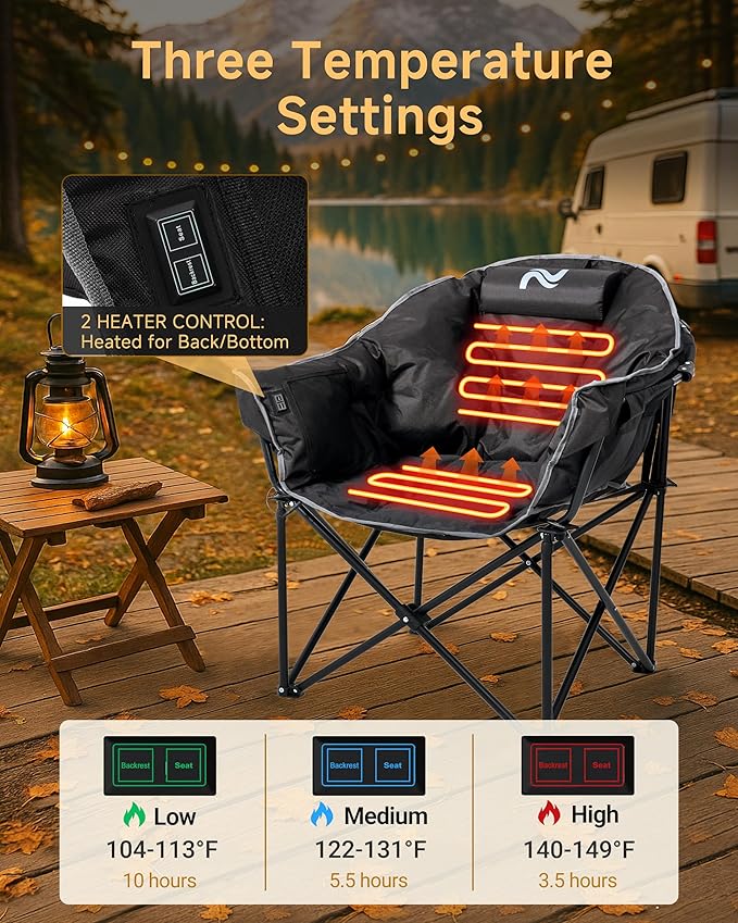 Slsy Heated Camping Chair Oversized, Outdoor Portable Heated Folding Chair, Heavy Duty 500 lbs Support, Padded Seat for Outdoor Sports, Camping, Patio, and Picnics