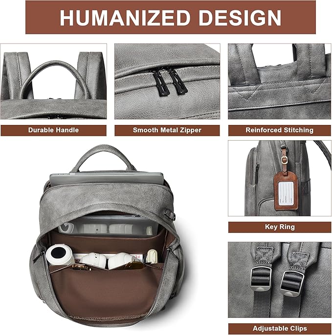 Leather Backpack for Women, Fits 15.6 Inch Laptop, Soft Vegan Leather Backpack for Travel and Daily Use, Grey
