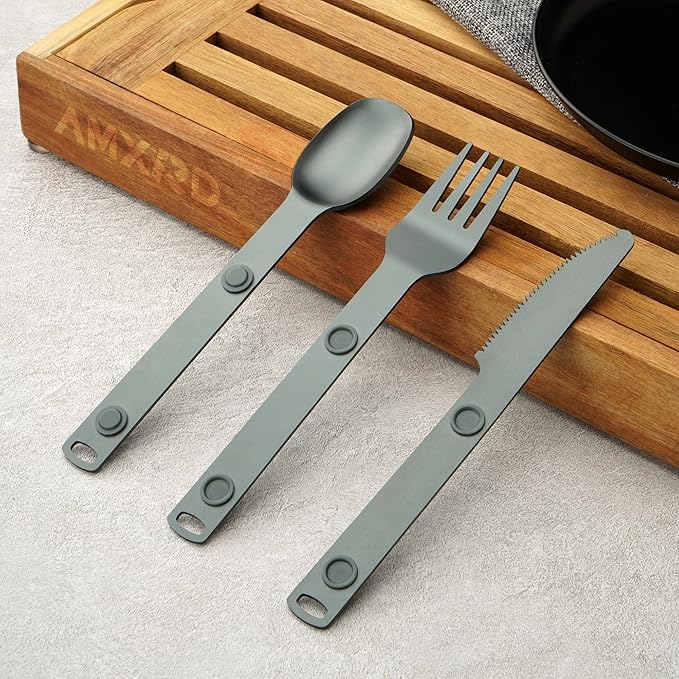 Magnetic Camping Utensils Set, Knife, Fork & Spoon Cutlery Set, Portable & Reusable Metal Aluminum Travel Flatware, 3-PACK, Gray