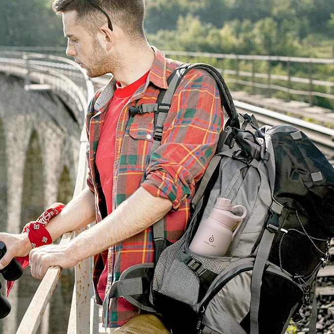 IDEUS Insulated Stainless Steel Water Bottle with 2 Leak-Proof Lids, Thermal Water Flask for Hiking Biking, 32oz, Light Pink