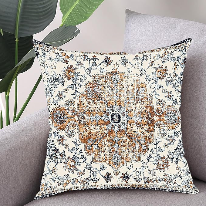 Outdoor Waterproof Pillow Set of 2 - 20x20 Inch Bohemian Vintage Carpet Pattern Pillow Covers - Gold Blue Ethnic Design - Decorative for Couch, Garden, Balcony