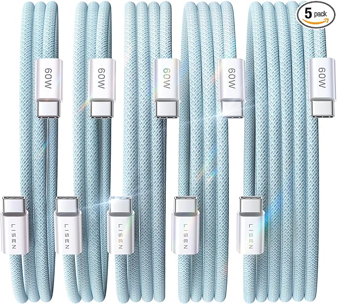 LISEN USB C Cable, 5-Pack [3.3/3.3/6.6/6.6/10FT] Blue for iPhone 17 Charger Cord, 60W C to C Cable Fast Charging for iPad, iPhone 17 Air 16 15 Pro Max, Samsung Z Flip 7/S25/S24