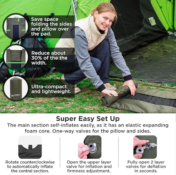 IFORREST Camping Pad with Armrest & Pillow - Self-InflatingAir Mattress, Rollover Protection, Ultra-Comfortable Mat, Lightweight for Tent, Cot, Backpacking(L/XL)