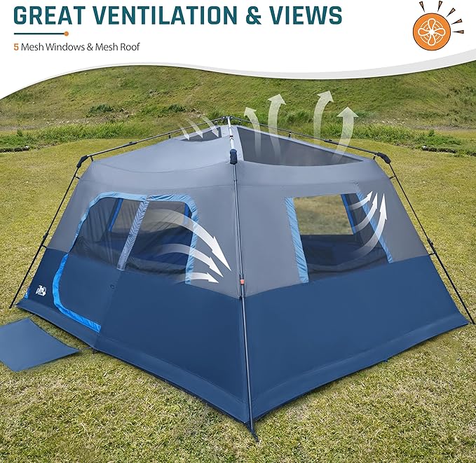 8 Person Instant Cabin Tent, Easy 60 Second Setup Family Tents for Camping, Pop up Camping Tent, Large Waterproof Tents for Outdoor Camping, Spacious Interior, Upgraded Ventilation