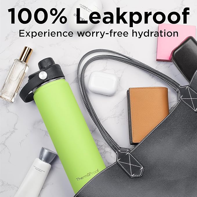 ThermoProof Double-Walled Vacuum Insulated Stainless Steel Water Bottle - Wide Mouth with Chug & Spout Lids, Dishwasher Safe, Reusable, Leakproof, Hot & Cold for Men, Women & Kids - 22oz, Fresh Mint