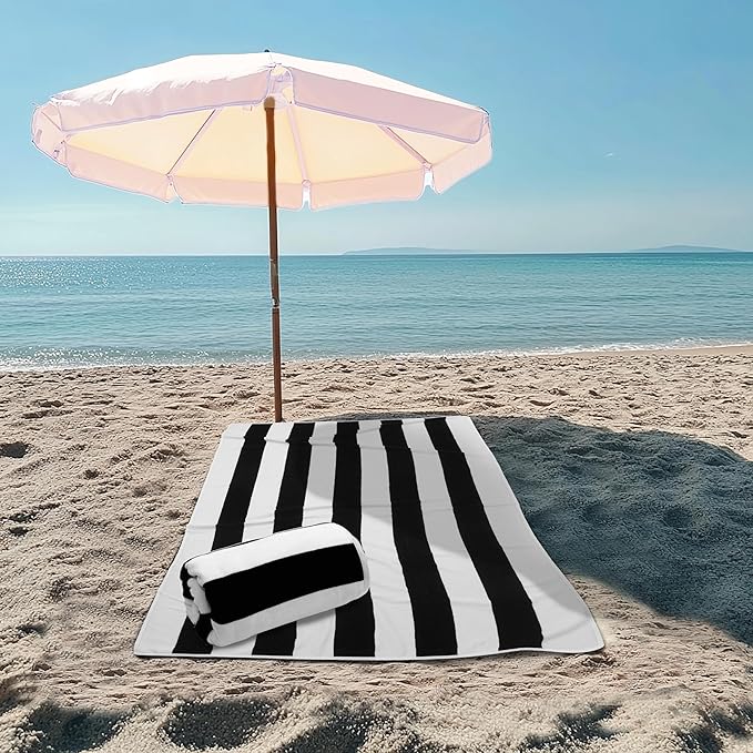 COTTON CRAFT Oversized XXL Beach Towel - 2 Pack 35x84 - The Big Kahuna 7 Foot Extra Large Beach Blanket Towel - Big & Tall - Huge 100% Cotton Velour Soft Luxury Pool Bath Towel - Cabana Stripe Black