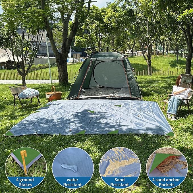 Pocket Beach Blanket Large Foldable Picnic Mat Portable Lightweight Camping Tarp Tent Blankets Washable Rug Quick Dry Compact Beach Mats Hiking Outdoor Essentials (Gray/Green118*110" / 9.19ft×9.84ft)