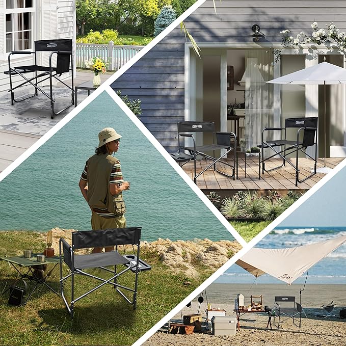 YOUNG WOOD Camping Directors Chair with Side Table, Foldable and Portable, Fishing,Trip,Picnic,Hike，Lawn,Sports,Beach,Outdoor Camping Chair for Adults,Drink Holder and Mobile Storage,2p