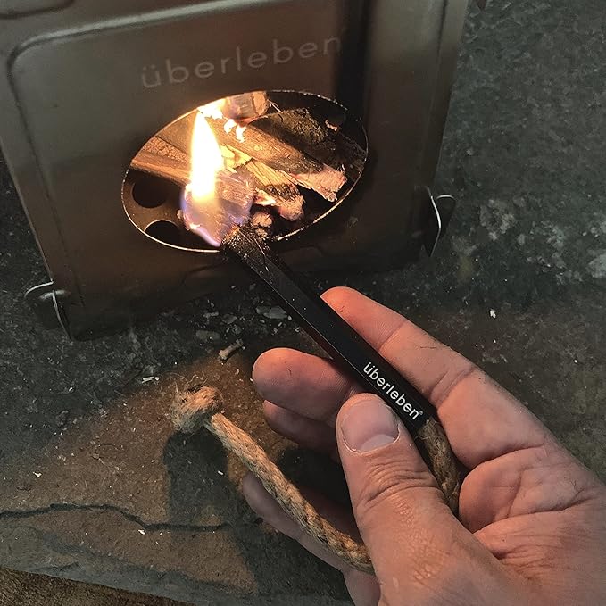 Überleben Tindår Tinder Fire Starter Kit, Wicker Rope Kit - Fire Starter Survival Tool Kit, Waterproof, 60 Min Burn Time - Paraffin Wax Rope Hemp Wick & Bellow - Black Aluminum Sleeve & Slider Box