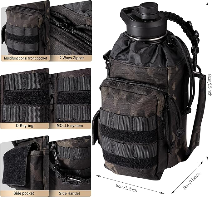 OneTigris Tactical Half Gallon Water Bottle with Straw - 64 oz Vacuum Insulated Stainless Steel Water Jug, Leakproof Sport Bottle with 3 BPA Free Lids, Paracord Handle & MOLLE Water Pouch for Outdoor