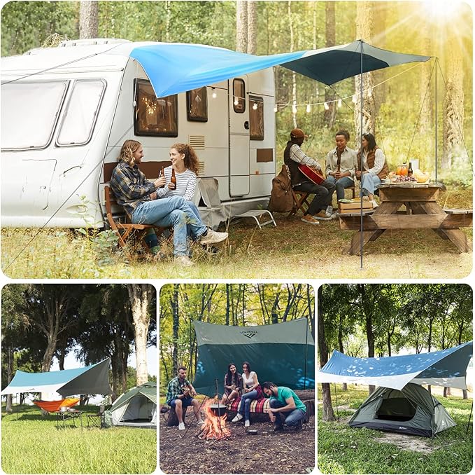 Forceatt 12x14FT Tarp with 2 Poles, Waterproof Anti-UV Camping Tarp Car Awning (UPF50+), Lightweight Sun Shelter for Car, Tent and Hammock in Hiking, Backpacking, Garden and Traveling