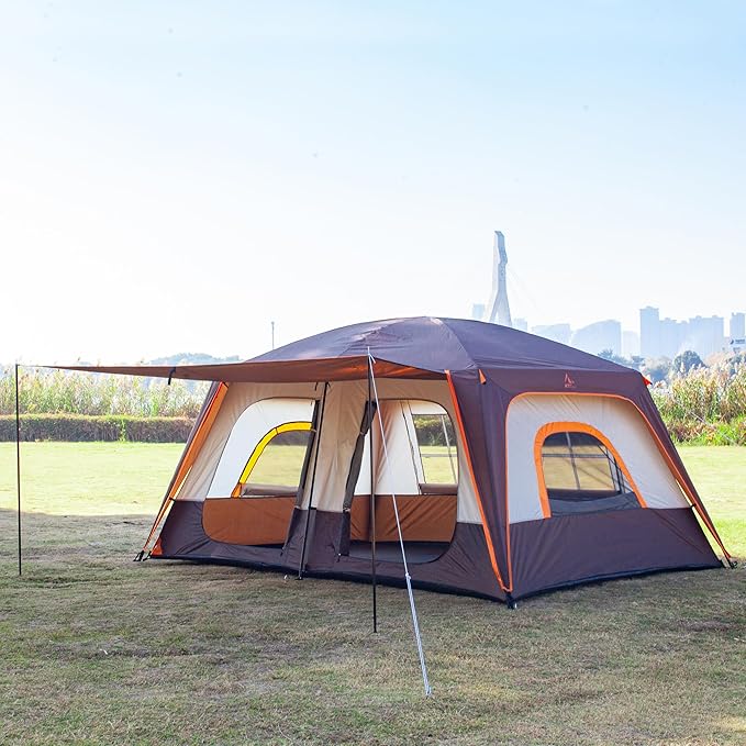 KTT Large Family Cabin Tent 10-12 Person,14.1X10X6.58ft,2 Rooms,3 Storage Pockets,2 Bay-Windows 3 Doors and 3 Windows with Mesh,Straight Wall,Waterproof,Double Layer,Big Tent for Outdoor,Camping