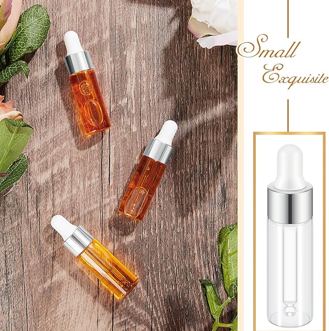 200 Pcs Mini Glass Oil Dropper Bottle Bulk, Clear Essential Small Empty Bottles Sample Containers Perfume Liquid Vials with Cap for Traveling (5 ml,Silver)