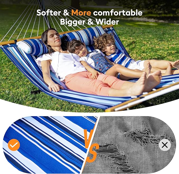 Double Hammock with Spreader Bar,Soft Pillow,Max Load 500lbs,Portable Hammock for Outdoor,Camping,and Backyard,Blue