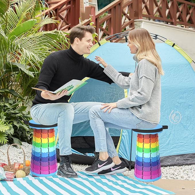 ALEVMOOM Portable Telescoping Stool with Cushion,Retractable More Sturdy Capacity 440Ib,Collapsible Adjustable Folding Stool for Camping Hiking Mountain Garden BBQ