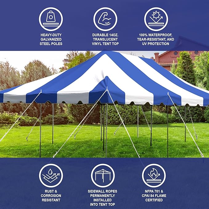 Party Tents Direct 20'x30' Weekender Canopy Pole Tent - Easy Up Canopy Tent with 120 Person Capacity - Outdoor Canopies for Parties, Weddings, & Events (Blue/White Top)