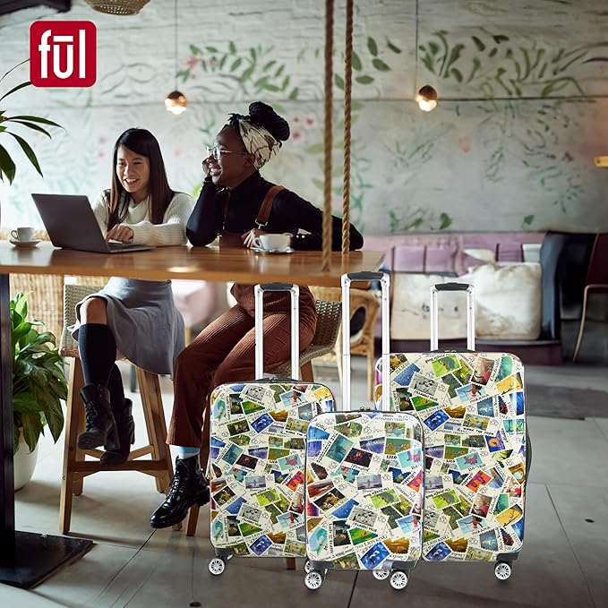 FUL Disney Stamps 26 Inch Rolling Luggage, Hardshell Checked Suitcase with Spinner Wheels, Multi