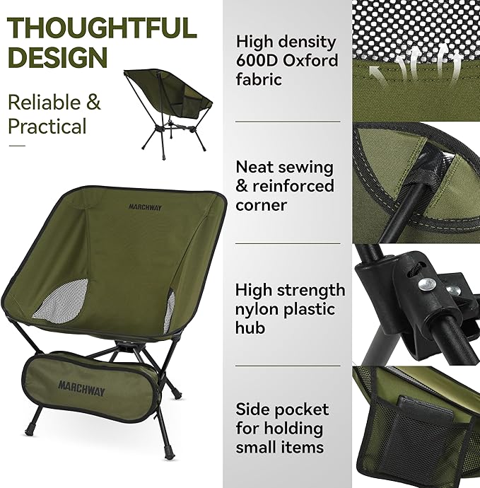 MARCHWAY Lightweight Folding Camping Chair with Spring Lock, Stable Compact Portable for Outdoor Camp, Travel, Beach, Picnic, Festival, Hiking, Backpacking (Lowback Green)