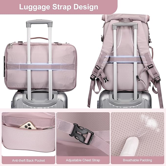 PIJUSHI Travel Backpack for Women Carry on Luggage Backpack Flight Approved Convertible Duffle Bag Fit 16 Inch Laptop(PE037 Light Purple)