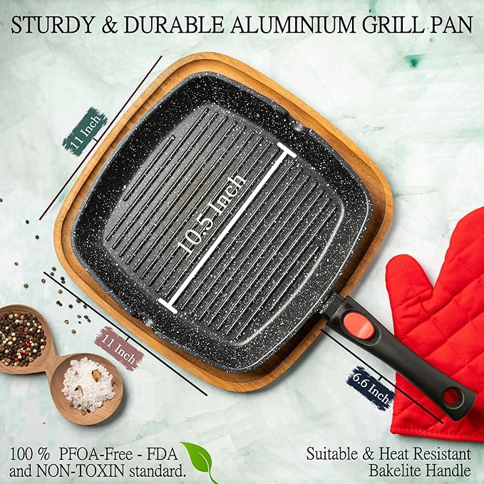 Moss & Stone Square Grill Pan for Indoor Cooking, 11-Inch Nonstick Griddle Skillet with Removable Handle, RV Die-Cast Aluminum Stove Top Grill Pan for Meats & Vegetables, Detachable Handle