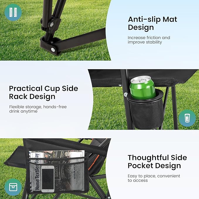 HIGH POINT SPORTS Oversized Folding Camping Chairs for Adults, High Backrest Heavy Duty Lawn Chairs Support 500 LBS Portable Collapsible Camp Chairs with Cup Holders,Side Pocket, 2 Pack, Black