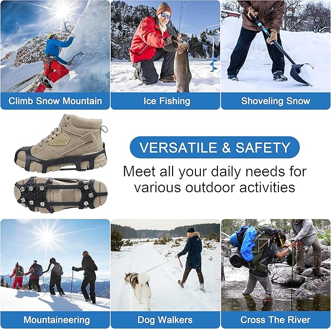 Crampons Ice Cleats for Shoes and Boots Traction Snow Cleats with 9 Studs Snow Cleats Chains Non Slip Rubber Crampons for Hiking Boots Men Women Ice Snow Winter Walking Climbing Fishing