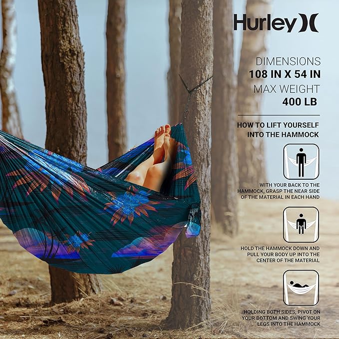 Hurley Duo Camping Hammock - 1 Person Portable Hammock for Camping, Heavy Duty Hammock with Parachute Nylon Fabric - Camping Accessories & Camping Gear for Outdoor Activities - Holds Up to 400lbs