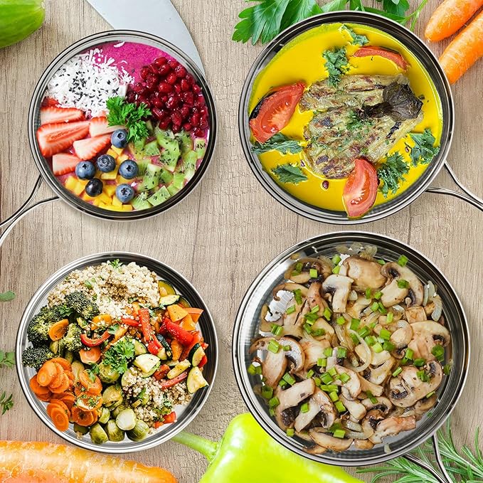 18/8 Stainless Steel Camping Cook Pot Set of 4 pcs, Camping Messware Kit, Camping Cooking Set, Backpacking Camping Cookware, Picnic Camping Cooking Mess Kit