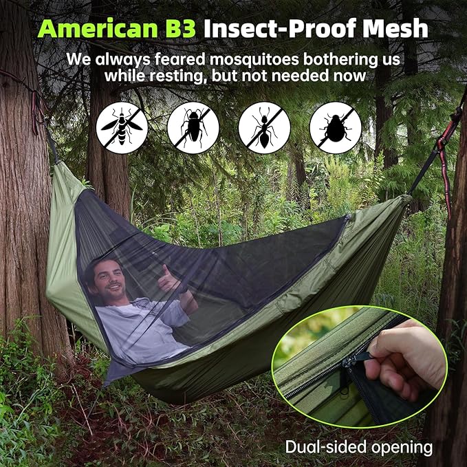 Camping Hammock with Mosquito Net, 2 Person Hammock Bug Net, Portable, Parachute Nylon for Outdoor, Camping, Hiking, Backpacking, Backyard, Beach, Travel (Hold Up to 500lbs)