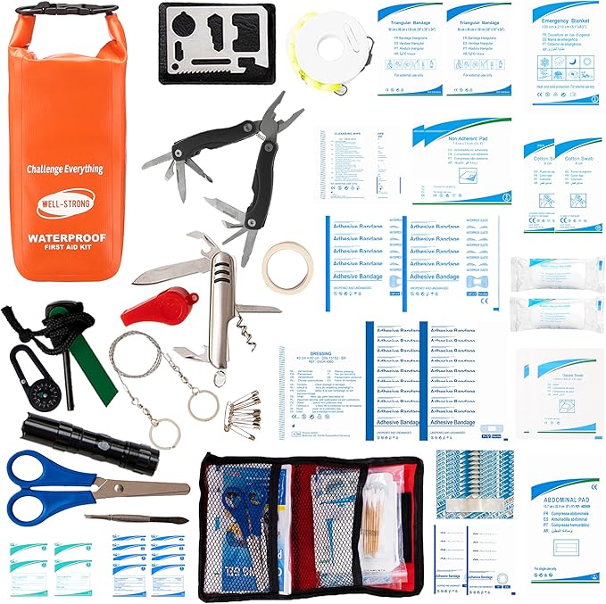 Boat First Aid Kit with Survival Tools, 123pcs Waterproof Emergency Marine Kit with Buckles, Compact Boat Safety Accessories for Fishing Kayaking Boating Camping Rafting Beach Orange