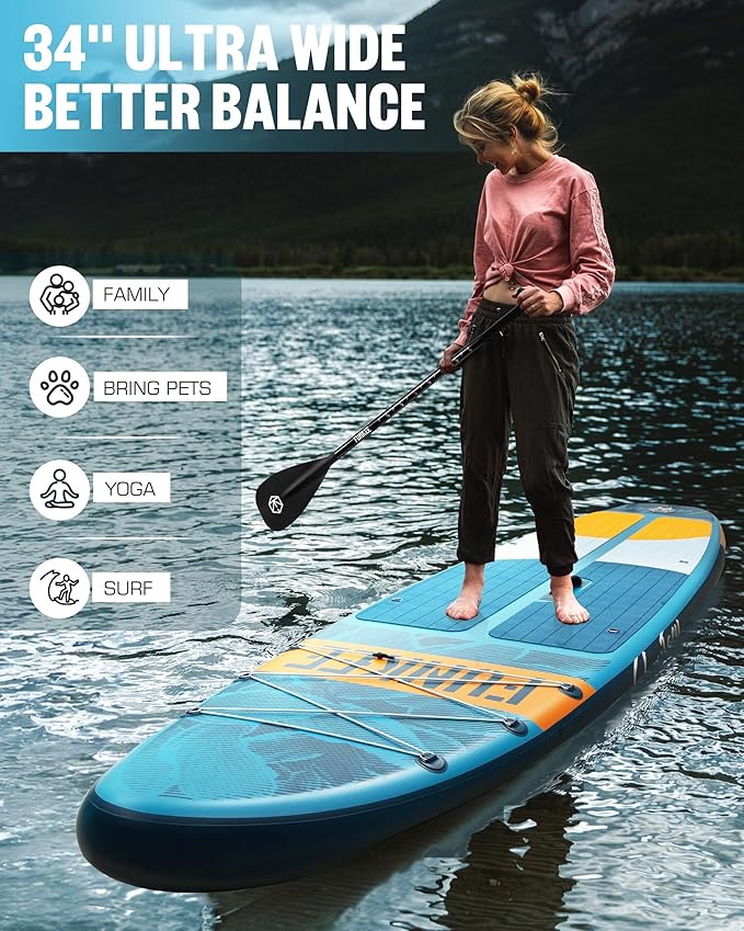 11’×34"×6" Extra Wide Inflatable Stand Up Paddle Board, Sup Board with Removable Fins, Backpack, Floating Paddle, Safety Leash, Floating Phone Case for Adults & Youth of All Skill Levels
