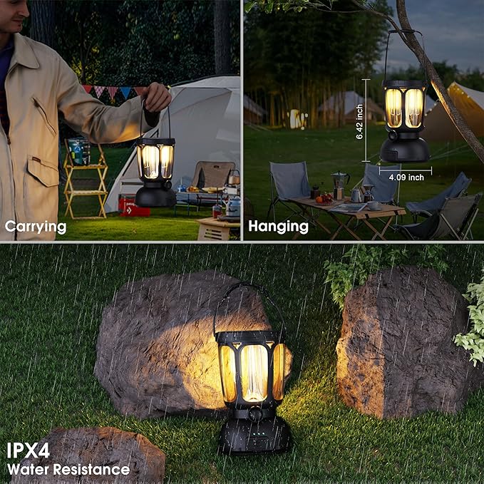 Mesqool Camping Lantern Rechargeable Battery 6000mAh, 650LM LED Lanterns for Power Outages Emergency Hurricane, Solar Hand Crank Lantern for 200 Hours