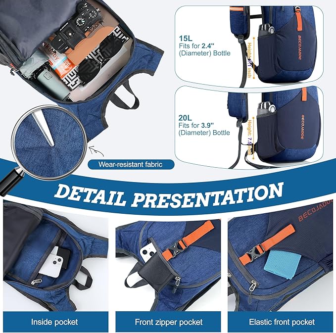 BECOJADDE 20L Small Hiking Backpack for Men Women Foldable Packable Back Pack Ultralight Hiking Daypack for Travel Camping Outdoor, Navy Blue