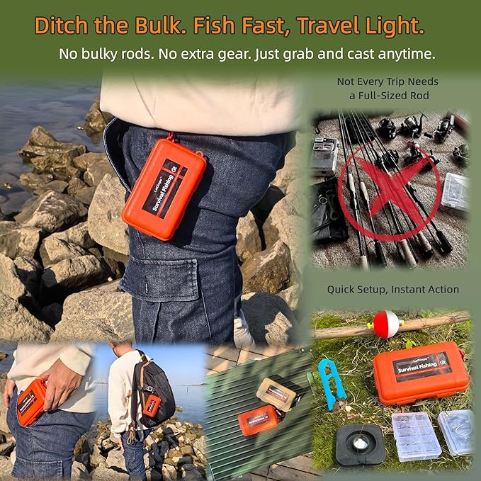 Mini Survival Fishing Kit Small Emergency Fishing TackleBox Pocket Outdoor Fishing Set Travel Party Fishing shoebox Surf Survivalist Fishing Accessories Pack Fishing Gear Gifts for Starter Men