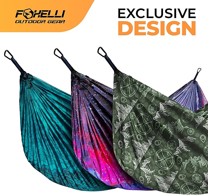 Foxelli Camping Hammock - Lightweight Portable Hammock, Easy Setup with Tree-Friendly Ropes & Steel Carabiners, Heavy Duty Parachute Nylon for Indoors and Outdoors