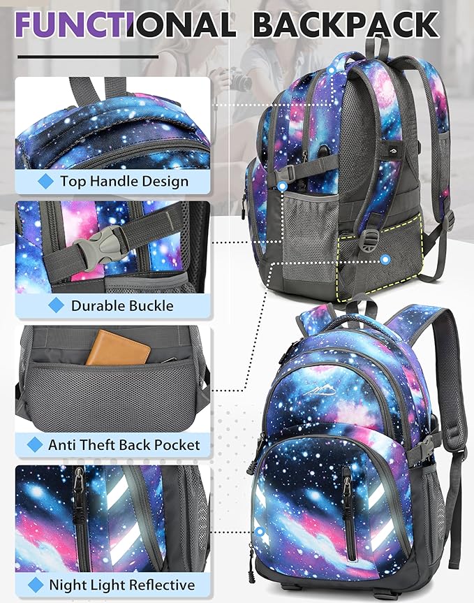ProEtrade Backpack Bookbag for College Laptop Travel,Fit Laptop Up to 15.6 inch with USB Charging Port Multi Compartment Anti theft, Gift for Women Men (Galaxy)