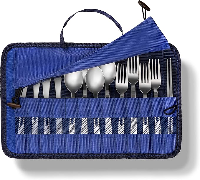 13 Piece Stainless Steel Family Cutlery Picnic Utensil Set with Travel Case for Camping | Hiking | BBQs - Includes Forks | Spoons | Knifes | Chopstick, Plus Nylon Commuter Case (Dark Blue)