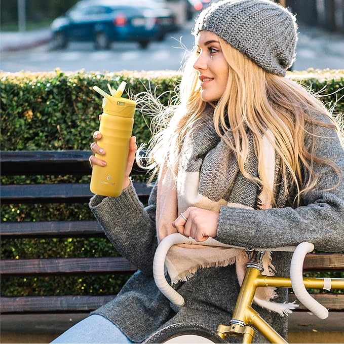 IDEUS Insulated Stainless Steel Water Bottle with 2 Leak-Proof Lids, Thermal Water Flask for Hiking Biking, 24oz, Bright Yellow