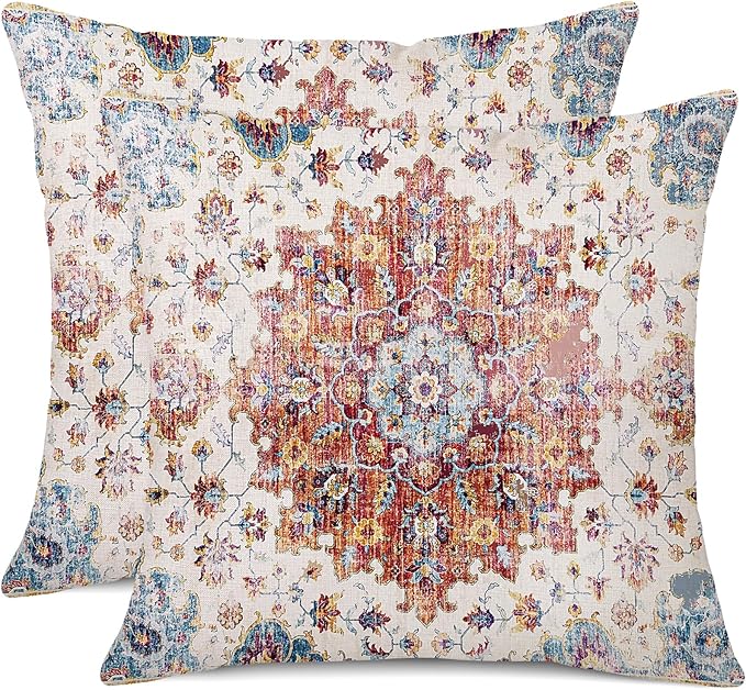 Outdoor Waterproof Pillow Covers - 18 X 18 Inch Set of 2 Blue Orange Bohemian Vintage Carpet Pattern Decorative Farmhouse Pillow Covers for Couch Garden Balcony