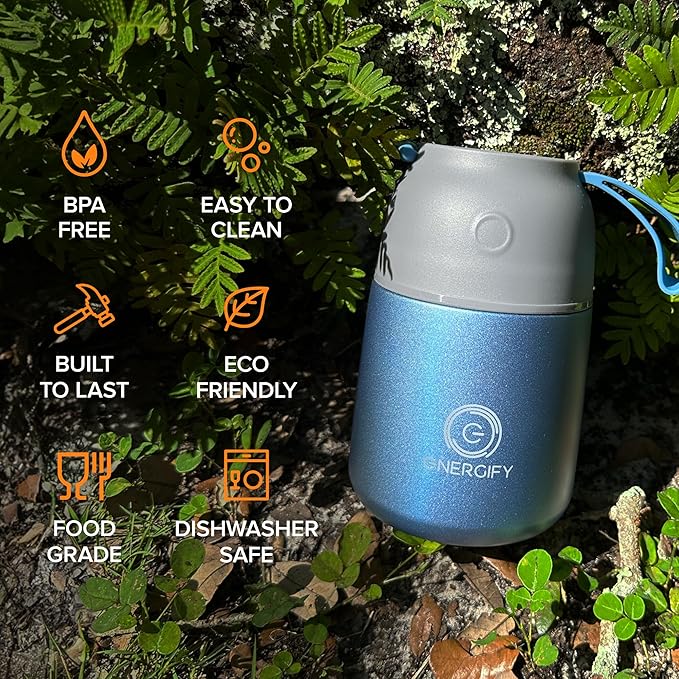 ENERGIFY Vacuum Insulated Food Jar. Large 17oz Bowl incl. Folding Spoon, Cup. Wide Mouth Keep Hot & Cold Drinks Soup Lunch Container for Adults. BPA-Free Stainless Steel, Leak Proof Shiny Blue